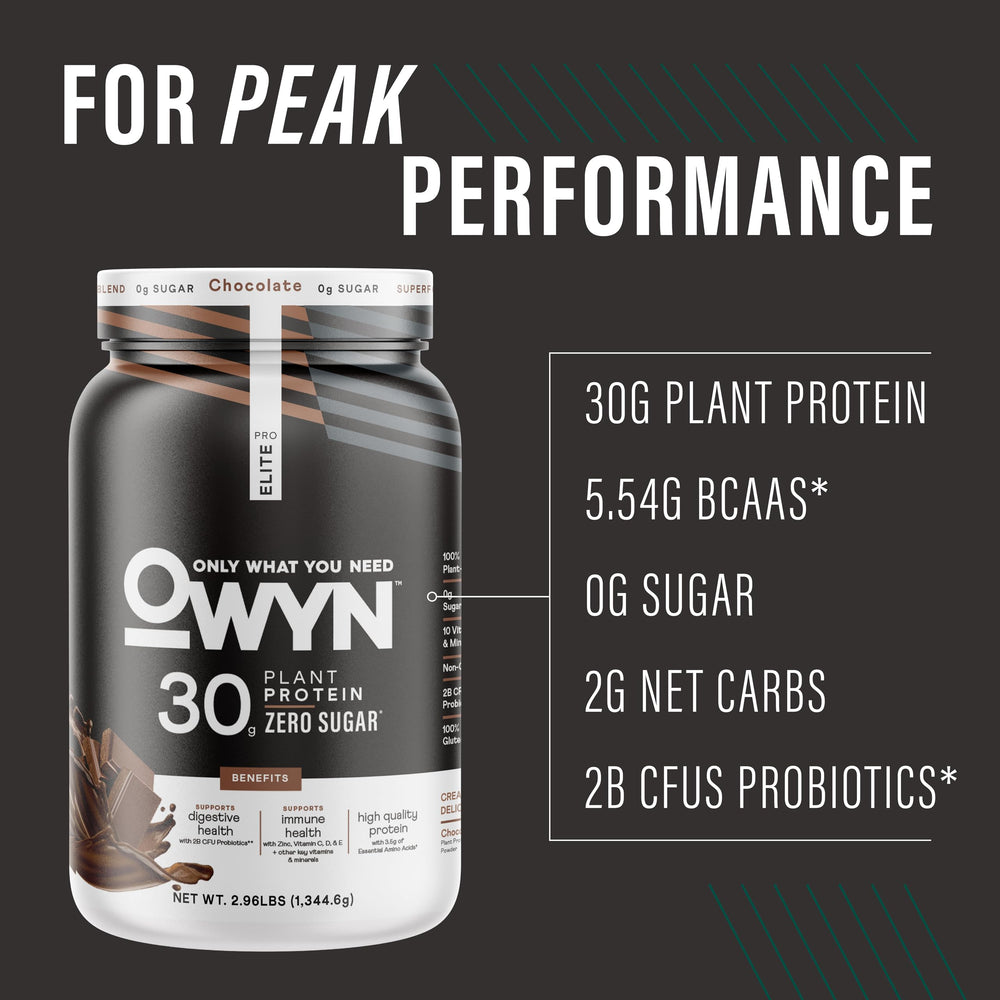 Scoop of OWYN Pro Elite chocolate powder ready to mix into a post-workout drink.
