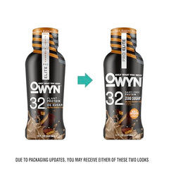 OWYN Pro Elite No Nut Buttercup glass pour showing zero sugar and post workout option