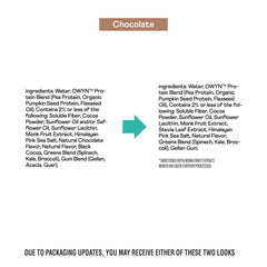 OWYN Pro Elite chocolate shake pour showing smooth texture and zero sugar.