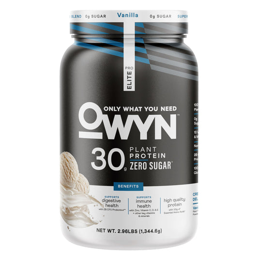OWYN Pro Elite Vanilla tub front showing plant-based protein for active days