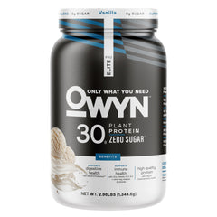 OWYN Pro Elite Vanilla tub front showing plant-based protein for active days
