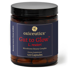 Oxiceutics Gut to Glow capsules bottle with label highlighting gut-skin support.