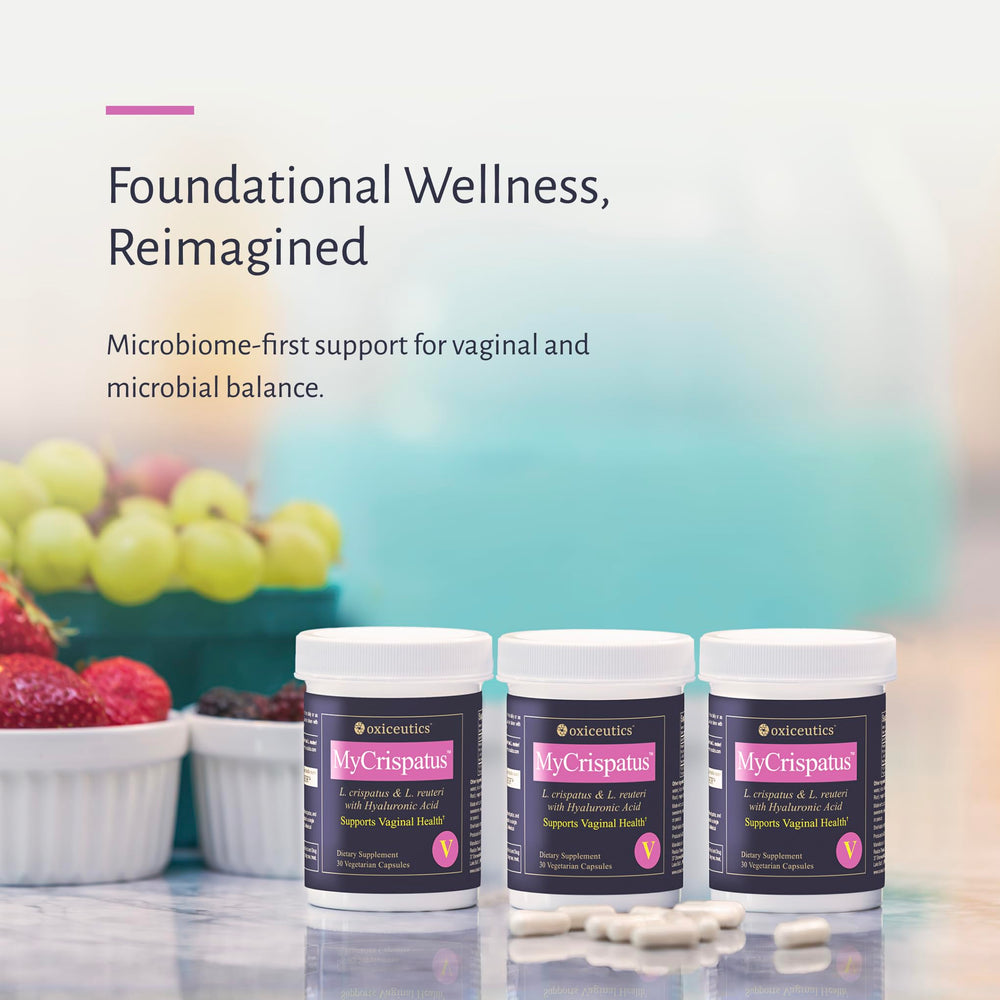 oxiceutics MyCrispatus packaging highlighting Hyaluronic Acid for mucosal hydration.