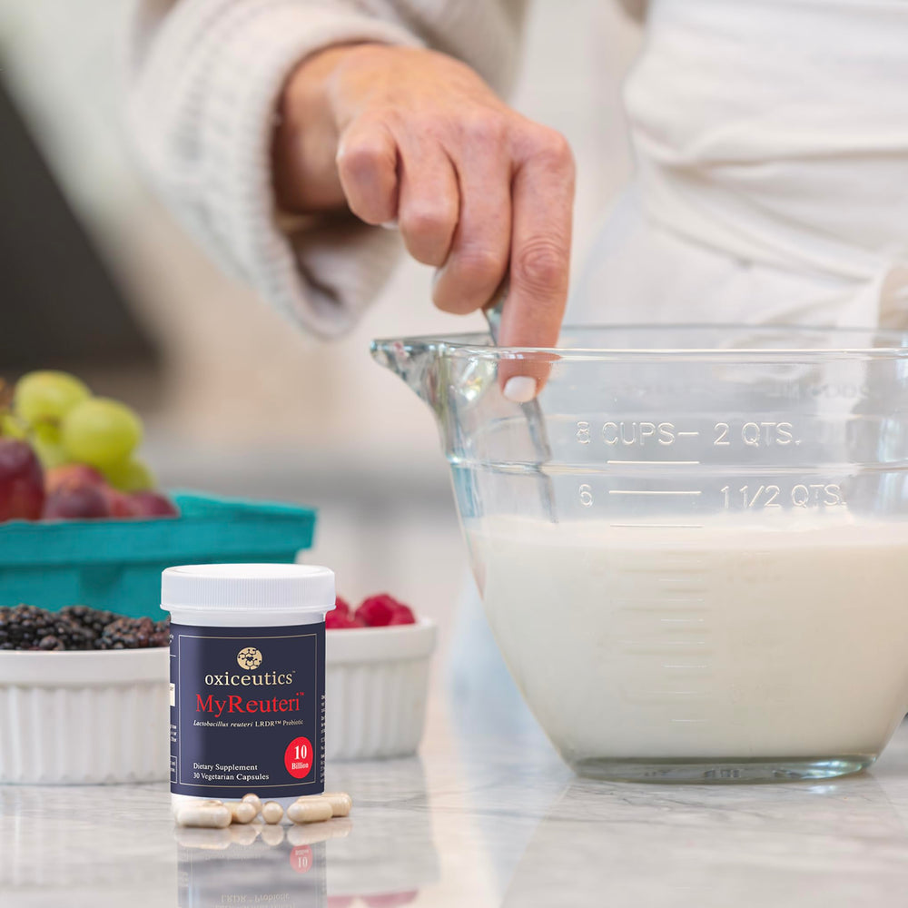 Oxiceutics MyReuteri bottle with pours demonstrates convenient daily use.