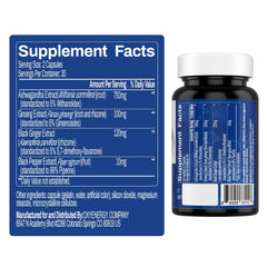 OxyEnergy Ashwagandha capsules label close-up emphasizing natural ingredients for calm energy