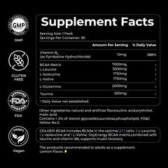 Nutrition facts for OxyEnergy BCAA highlight zero sugar and vegan status