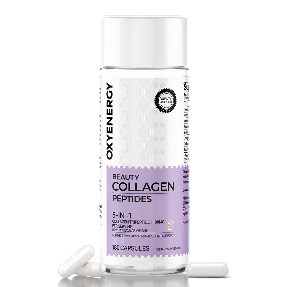 OxyEnergy collagen pills bottle front, premium supplement for hair, skin and nails.