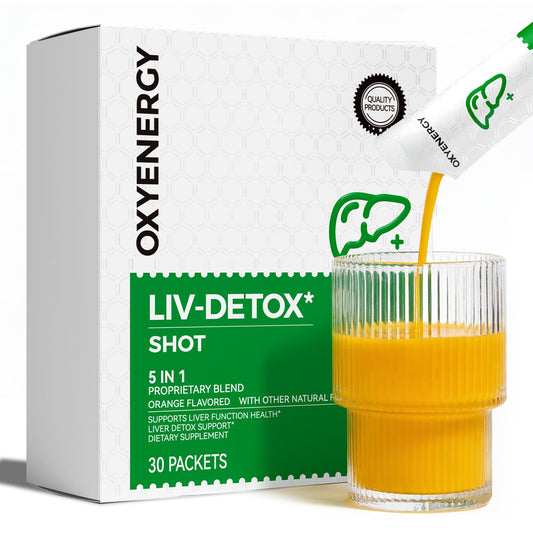 OxyEnergy Liver Cleanse sticks in orange packaging for on-the-go support.