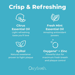 Oxyfresh Lemon Mint packaging with citrus illustration highlighting natural ingredients.
