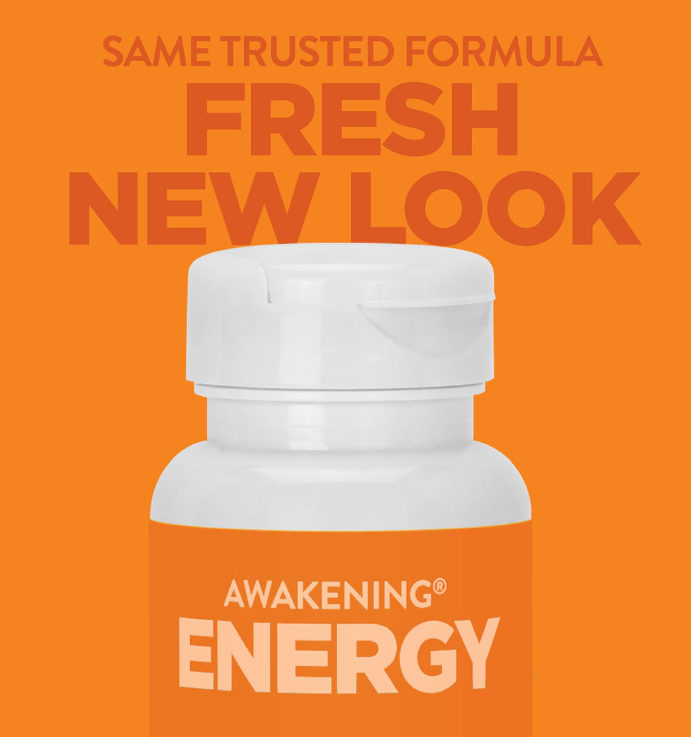 Awakening bottle side view highlights gluten-free veggie capsules for daily use.