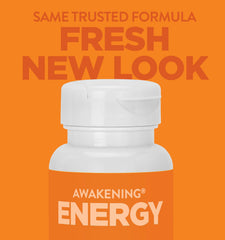 Awakening bottle side view highlights gluten-free veggie capsules for daily use.