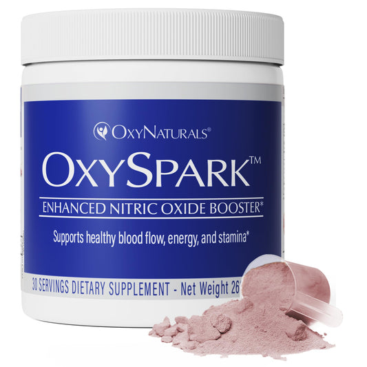 OxyNaturals OxySpark bottle front view showing nitric oxide support for energy and circulation.