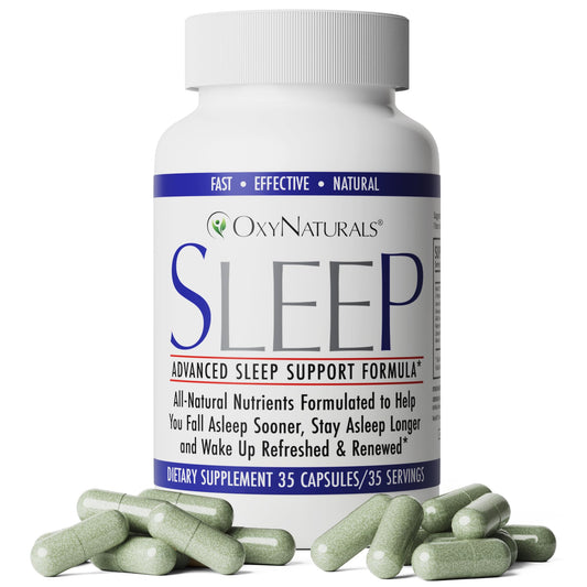 OxyNaturals Sleep bottle front promoting natural nighttime relaxation