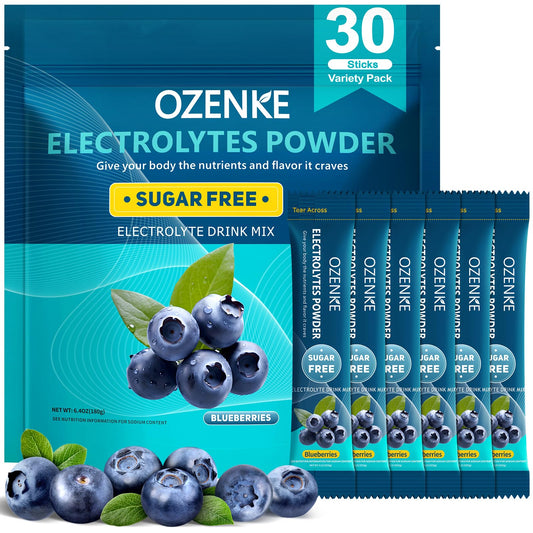 OZENKE electrolytes powder stick close-up showing blueberry flavor for quick hydration