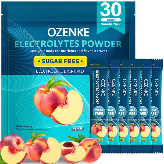 OZENKE peach electrolyte stick front view dissolving for quick hydration.