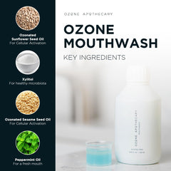Ozone Apothecary bottle label highlights alcohol-free and fluoride-free formula.