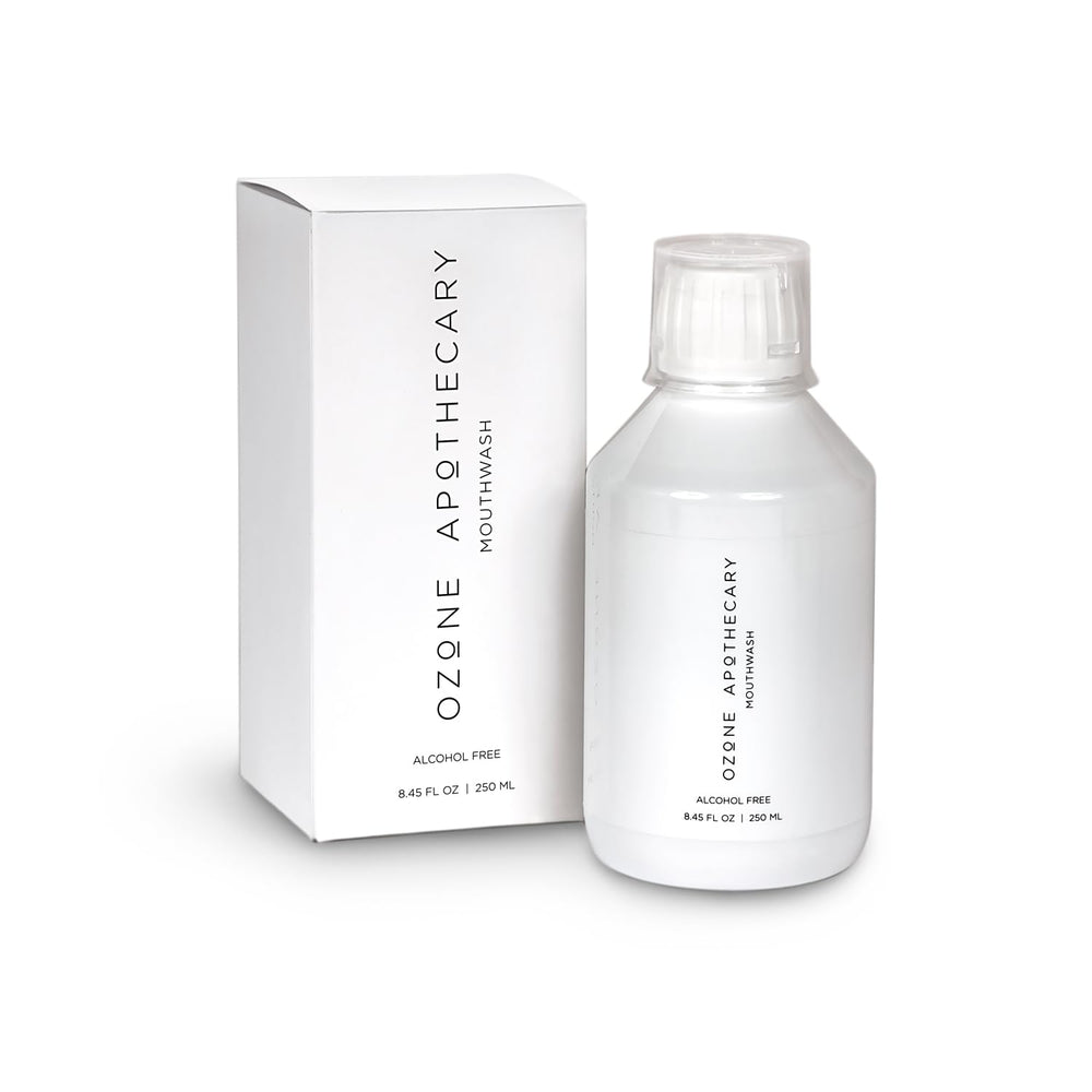 Ozone Apothecary Mouthwash bottle pouring for a fresh breath routine.
