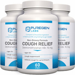 P Puregen Labs cough relief softgels front view, quick non-drowsy option for adults.