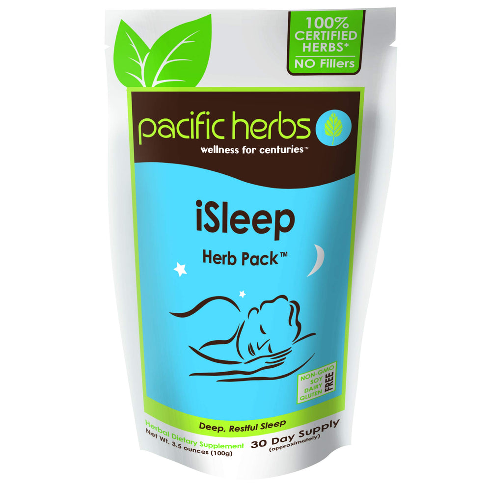 Pacific Herbs iSleep granules in a bottle signaling a natural sleep support formula