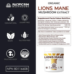 Pacific Rim Lions Mane powder being poured from a scoop to emphasize 10:1 potency.