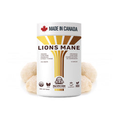 Pacific Rim Mushrooms Lions Mane powder jar on wood table highlights organic potency for cognitive support.