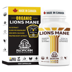 Pacific Rim Mushrooms Lions Mane bottle shows ultra strength extract for cognitive support.