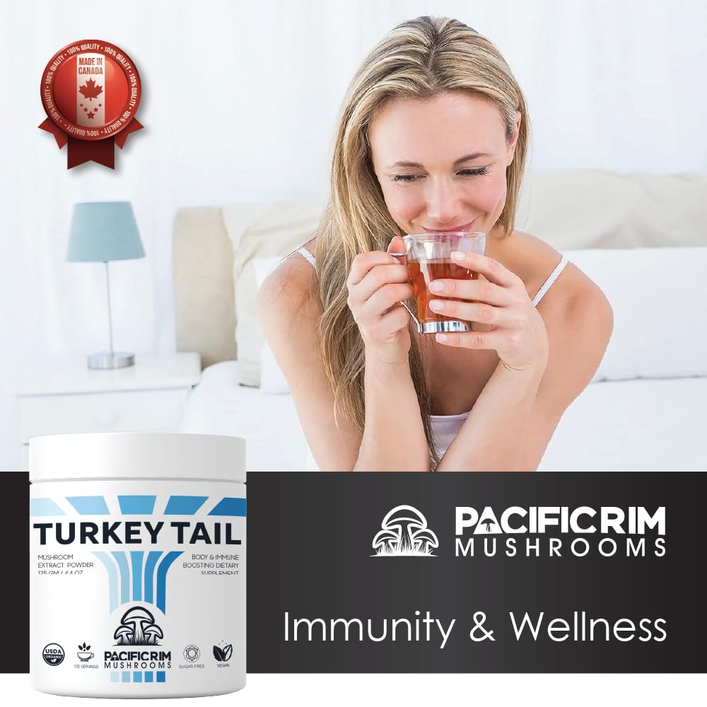 8-ounce jar of Pacific Rim Mushrooms Turkey Tail ready for daily routine.
