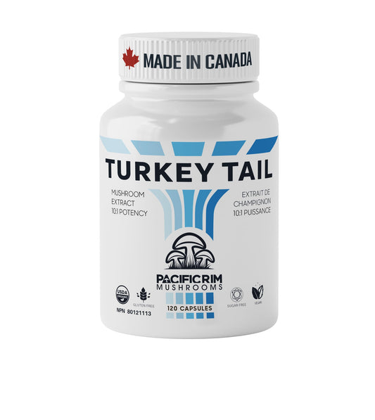 Pacific Rim Mushrooms Turkey Tail bottle label highlights 1000 mg potency for daily immune support.