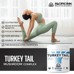 Canada-made label on Pacific Rim Mushrooms Turkey Tail bottle.