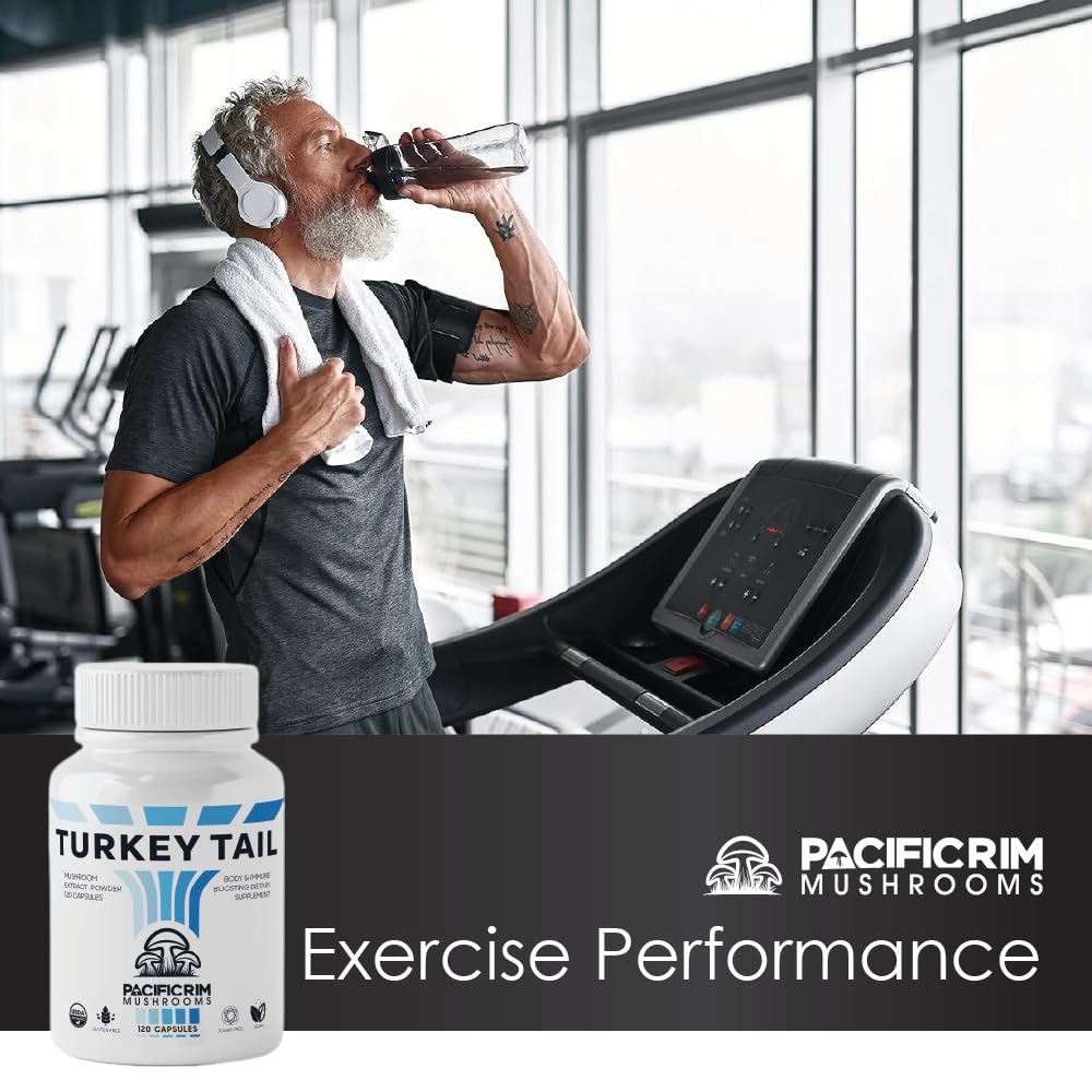 Pacific Rim Mushrooms turkey tail capsules in bottle convey easy, daily immune-supporting routine.