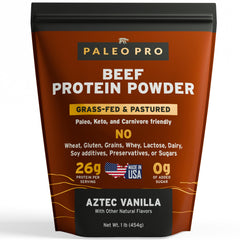 Paleo Pro 26G beef protein powder bottle with vanilla flavor for paleo meal plans