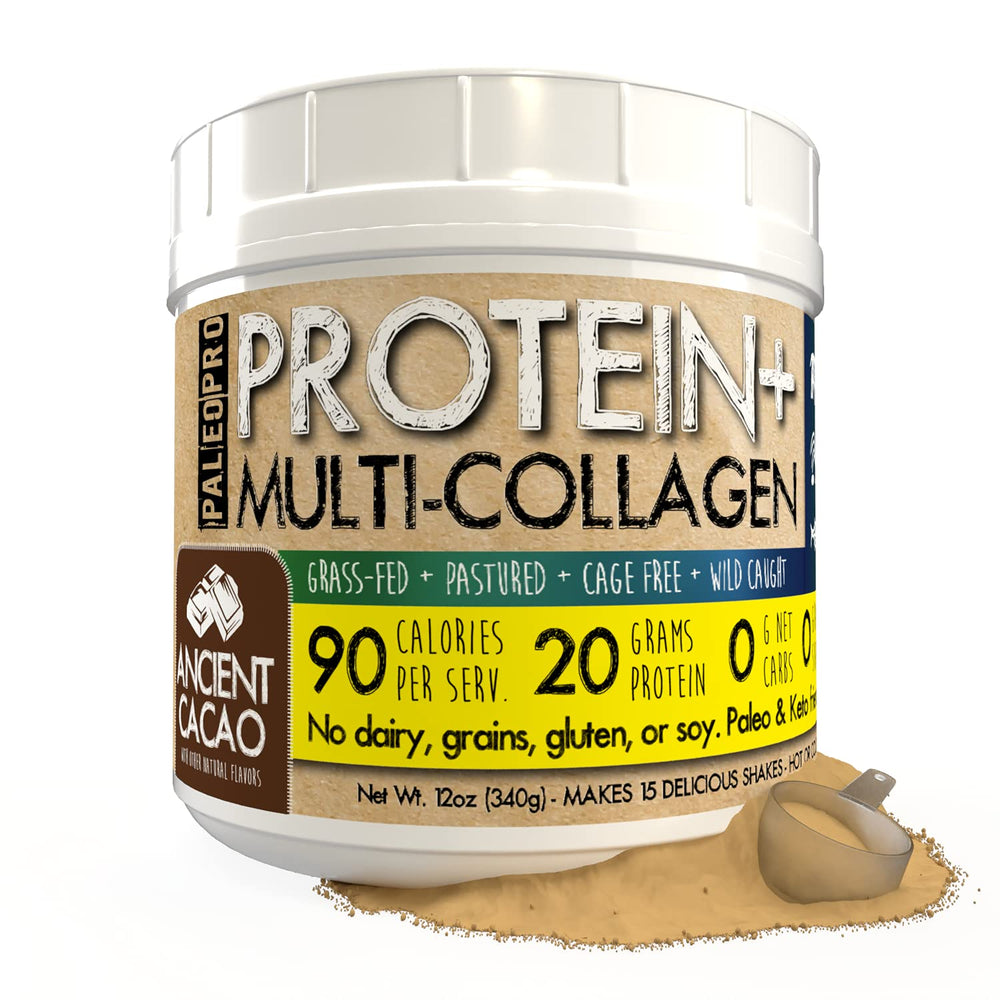 PaleoPro Protein+ Multi-Collagen Ancient Cacao packshot showing 20g protein per serving