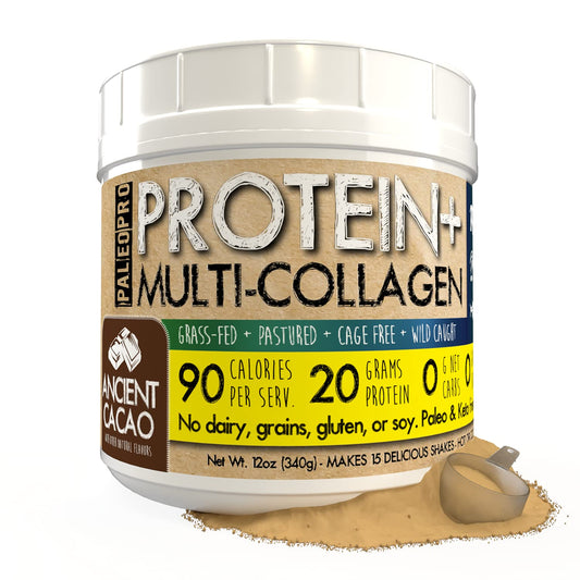 PaleoPro Protein+ Multi-Collagen Ancient Cacao packshot showing 20g protein per serving