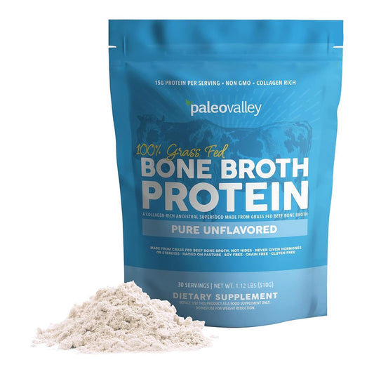 Paleovalley Bone Broth Powder jar highlights clean grass-fed protein for daily nutrition