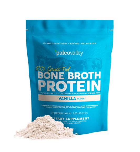 Paleovalley bone broth protein powder vanilla tub for daily collagen support in smoothies