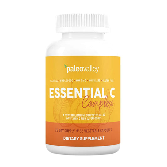 Paleovalley Essential C Complex bottle and capsules highlighting daily immune health support