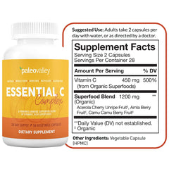 Paleovalley Essential C Complex label emphasizing natural vitamin C sources