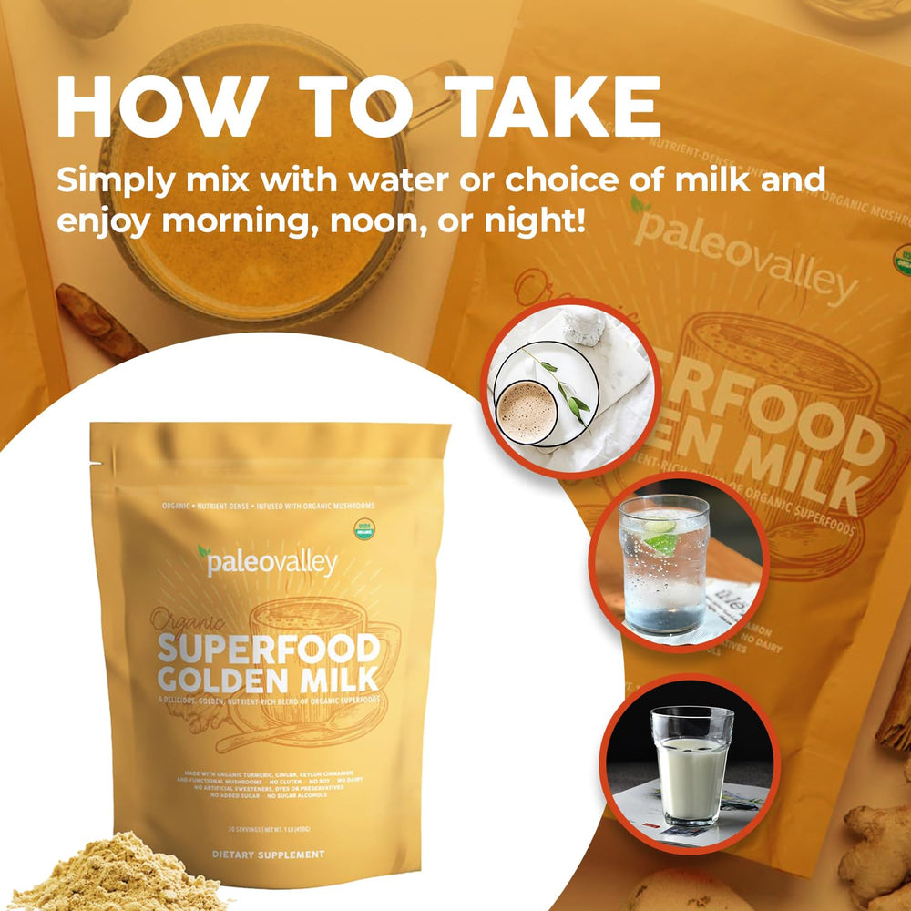 Paleovalley Golden Milk scoop with powder for a convenient health-boosting routine.