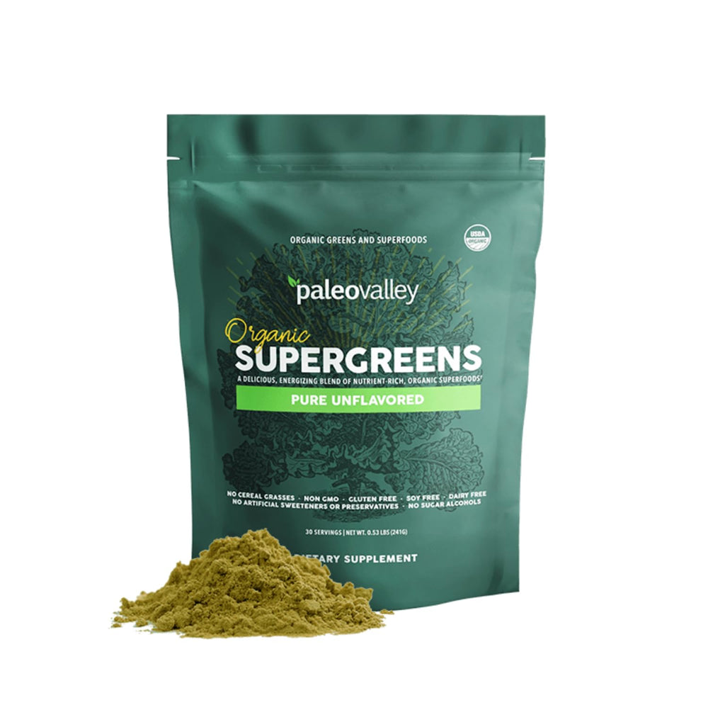 Paleovalley Organic Supergreens bottle front view for daily energy support