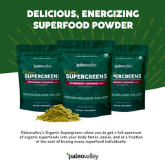 Paleovalley Organic Supergreens glass-mixed-drink reveals vibrant color and refreshing taste.