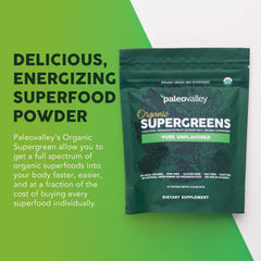 Paleovalley Organic Supergreens ingredients close-up highlighting blend