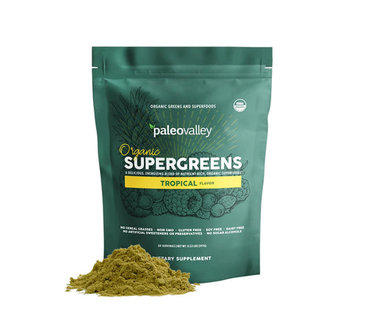 Paleovalley Organic Supergreens tropical canister showing the vibrant greens blend for daily energy