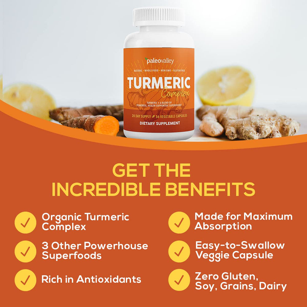 Bottle pouring Paleovalley Organic Turmeric Complex capsules into a glass.