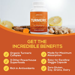 Bottle pouring Paleovalley Organic Turmeric Complex capsules into a glass.