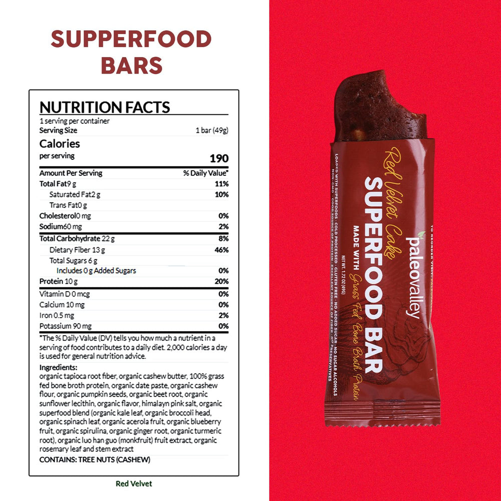 Paleovalley Red Velvet Bar front view, 9g protein snack.