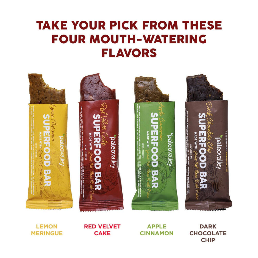 Paleovalley Red Velvet Bars nutrition label, non-GMO and allergen-friendly.