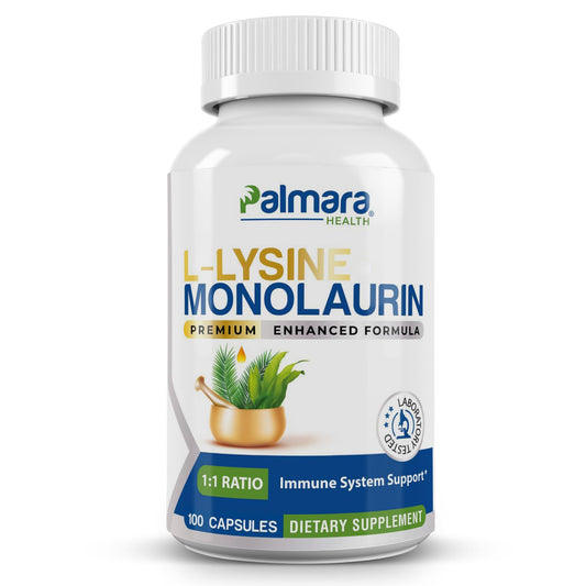 Palmara Health bottle showing 600mg L-Lysine and Monolaurin per serving.