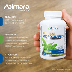 Palmara Health Andrographis capsules close-up, vegan and non-GMO formula.