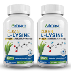 Palmara Health Clean L-Lysine 600mg bottle front view for vegan lifestyle.
