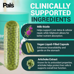 PALS Liverpal label featuring milk thistle for antioxidant-rich liver care.